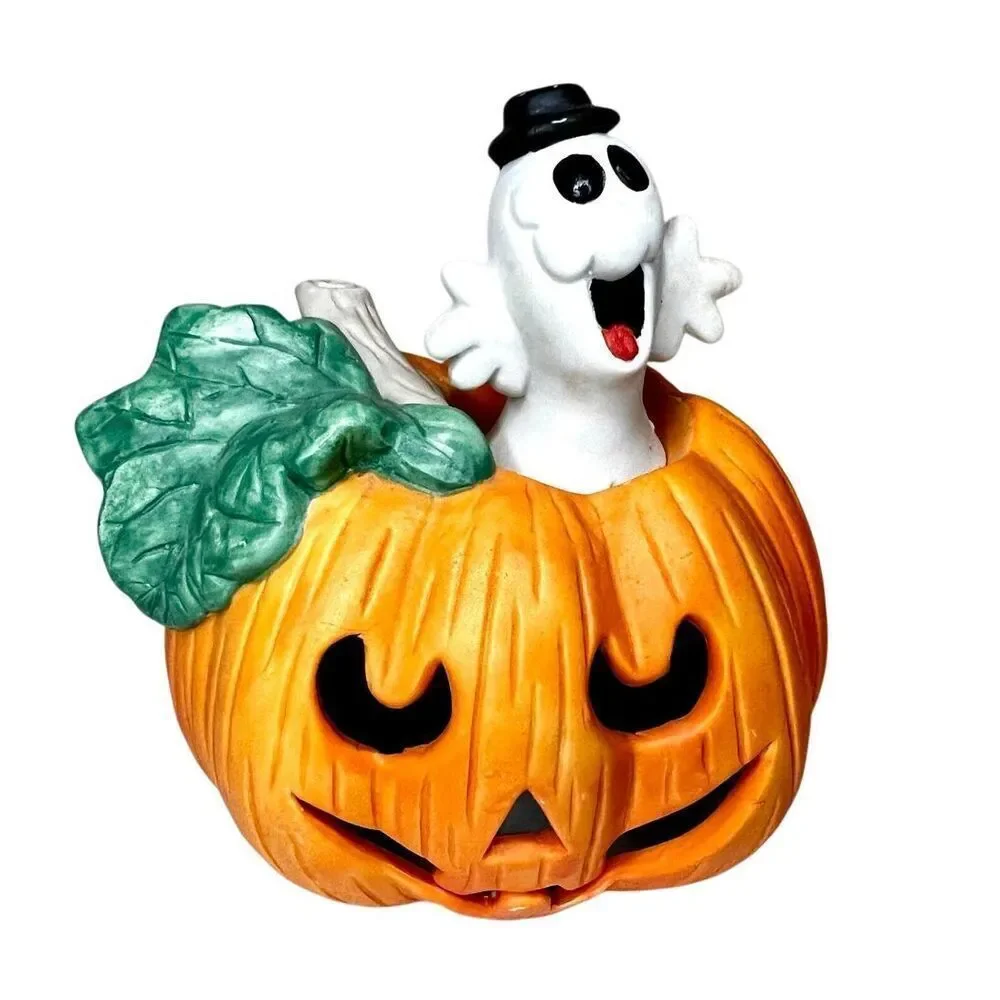 Halloween Lighted Pumpkin W Ghost Decor 1993 Hand Painted Porcelain Home Decor